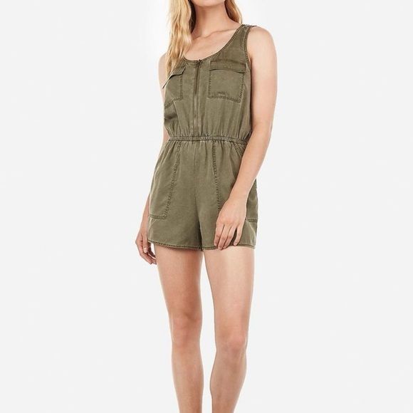 Express Pants - EXPRESS Zip Front Twill Utility Military Shorts One Piece Romper Green Size S